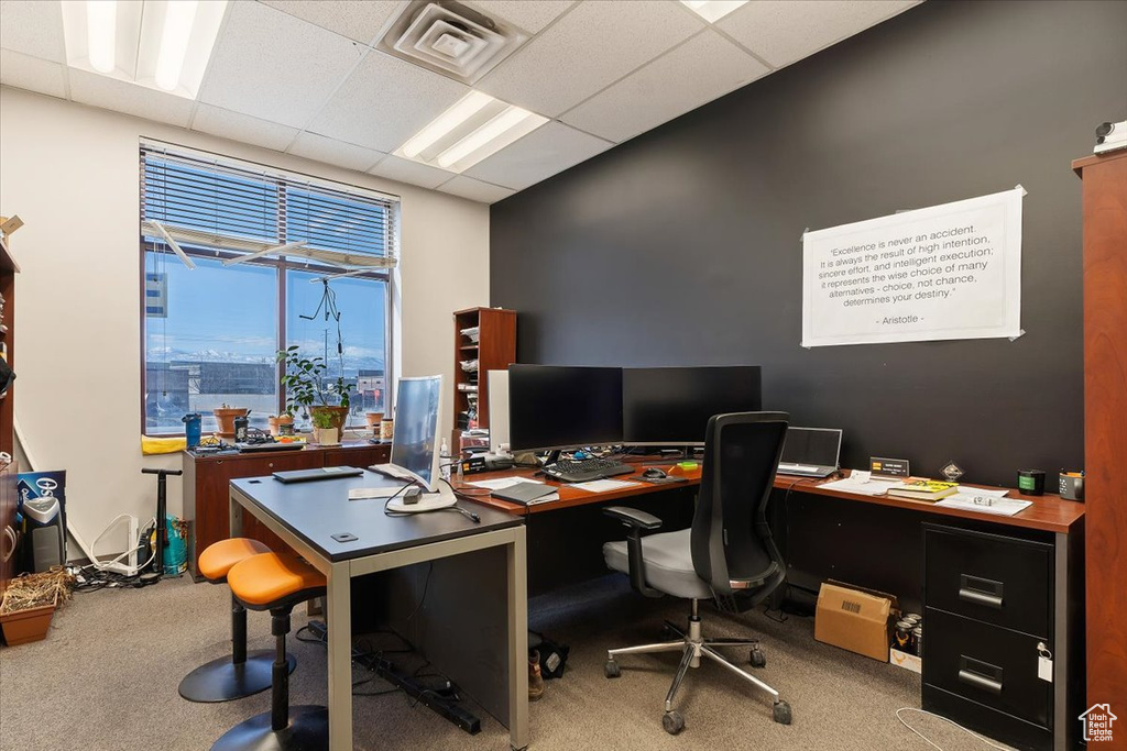 Home office with carpet floors, a paneled ceiling, and visible vents
