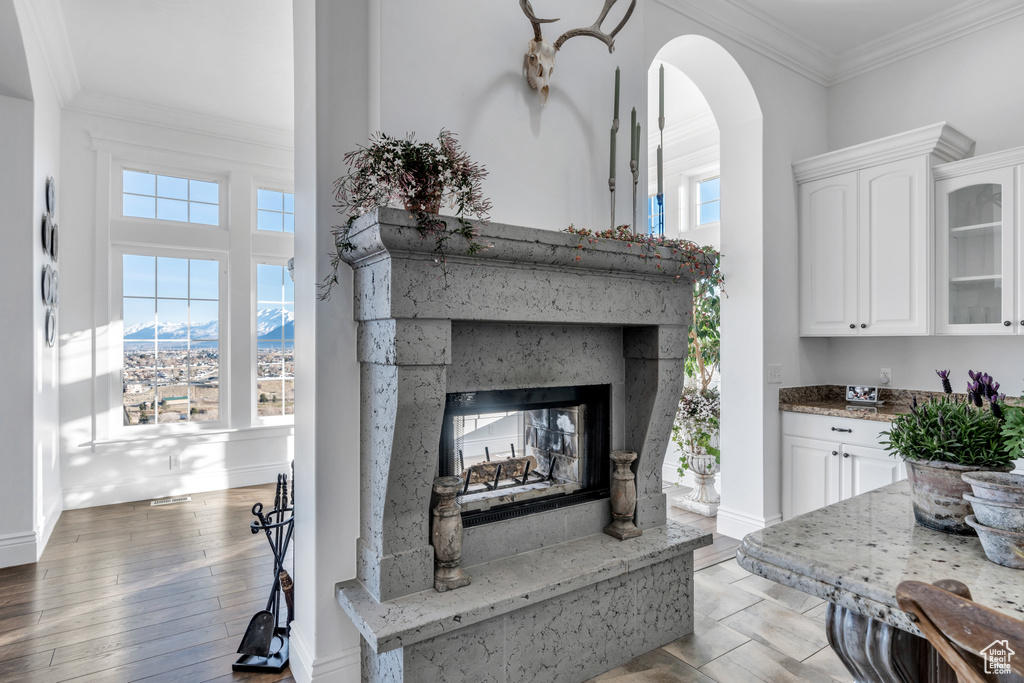 Details featuring a multi sided fireplace, arched walkways, wood finished floors, and crown molding