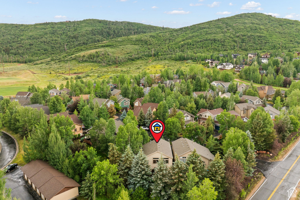 Aerial perspective of suburban area with a mountain backdrop and a forest