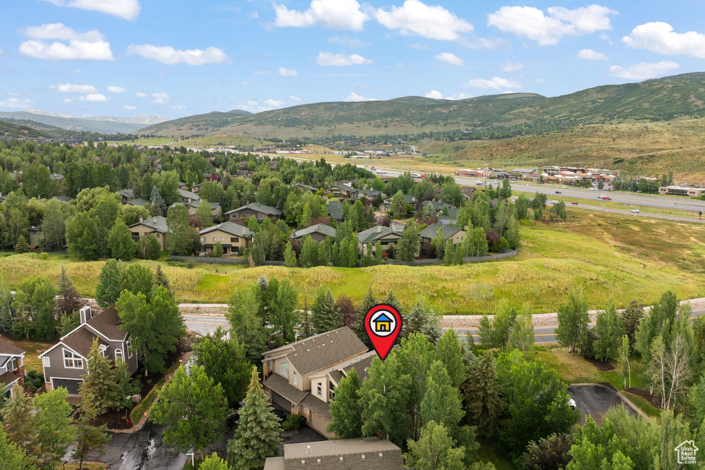 Aerial view of residential area with mountains
