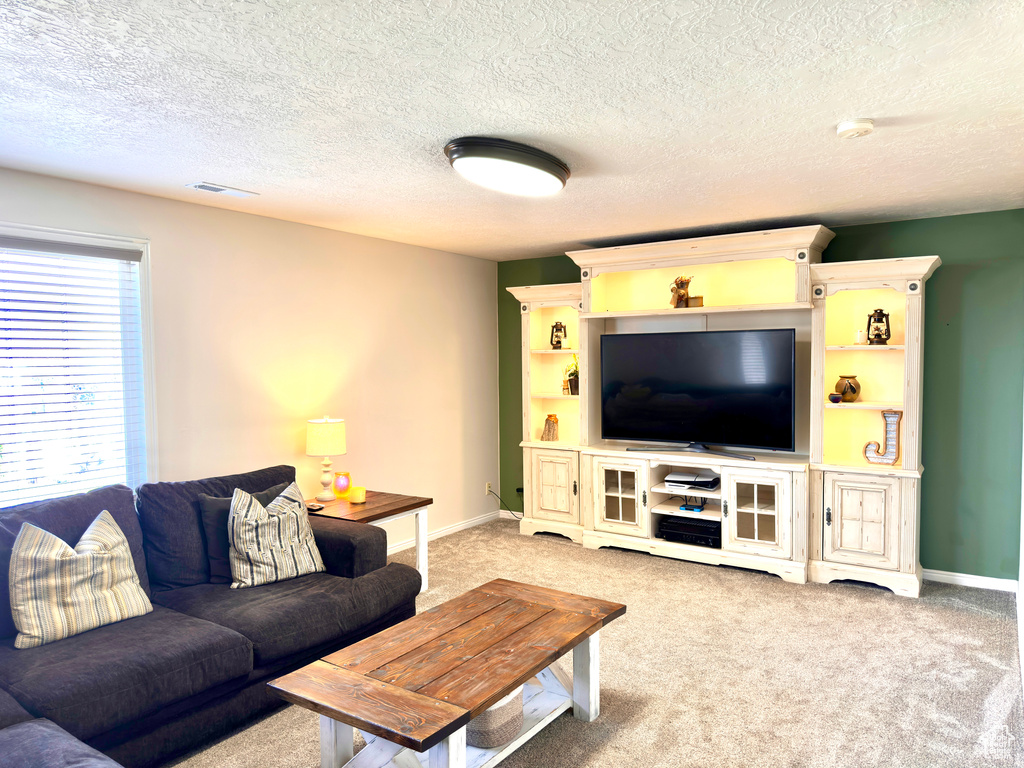 Living area with a textured ceiling, light colored carpet, visible vents, and baseboards