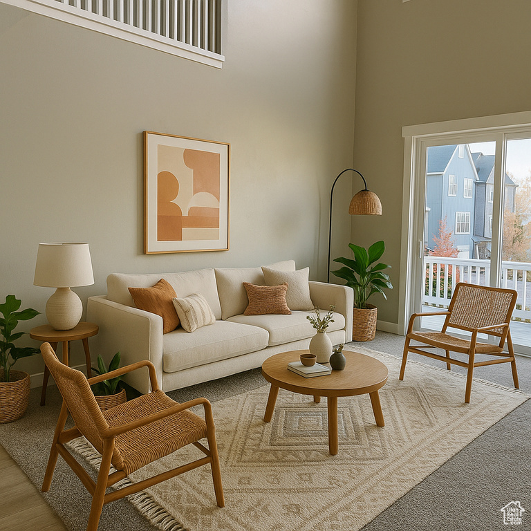 Living room featuring baseboards, carpet, and a high ceiling