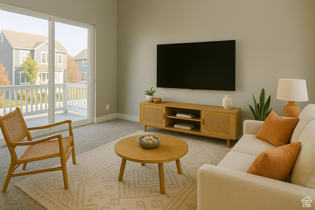 Living room with baseboards and light colored carpet