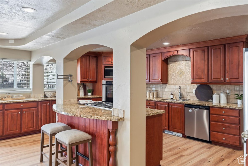 Kitchen featuring backsplash, light wood finished floors, appliances with stainless steel finishes, and a sink