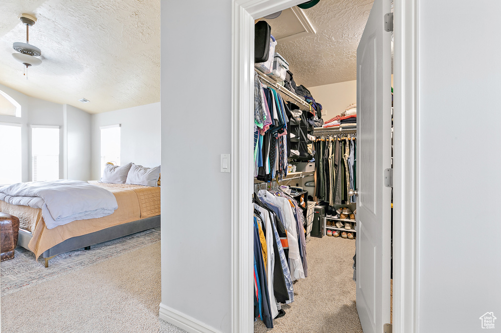 Interior space with a closet, a textured ceiling, attic access, and a spacious closet