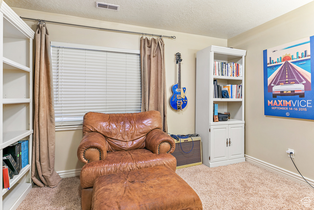 Sitting room featuring visible vents, carpet floors, a textured ceiling, and baseboards