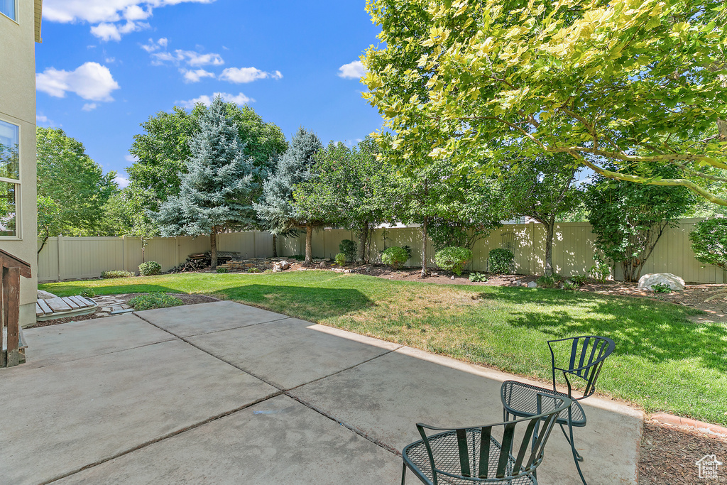 View of patio with a fenced backyard