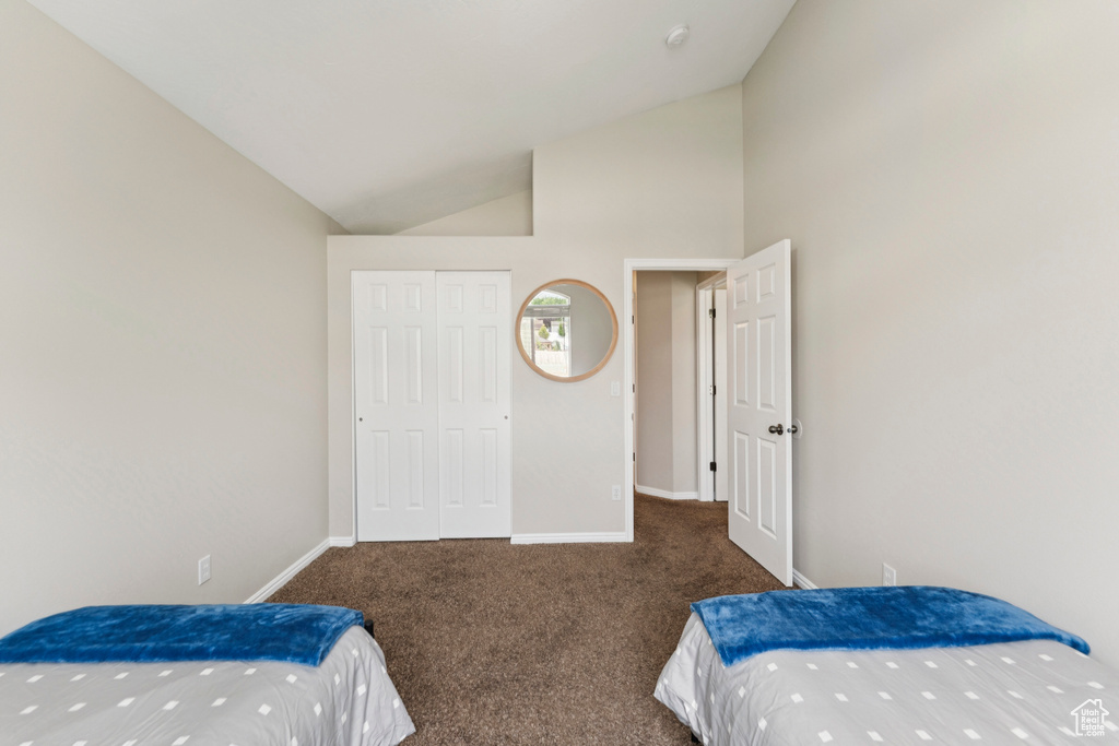 Bedroom with carpet floors, vaulted ceiling, and a closet