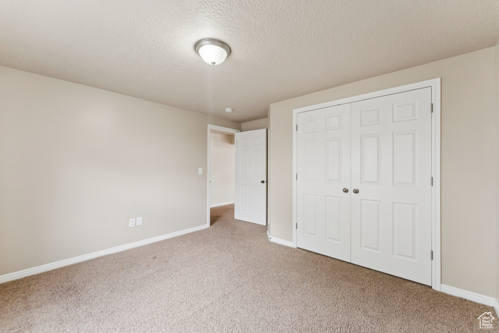 Unfurnished bedroom with carpet flooring, a closet, and a textured ceiling