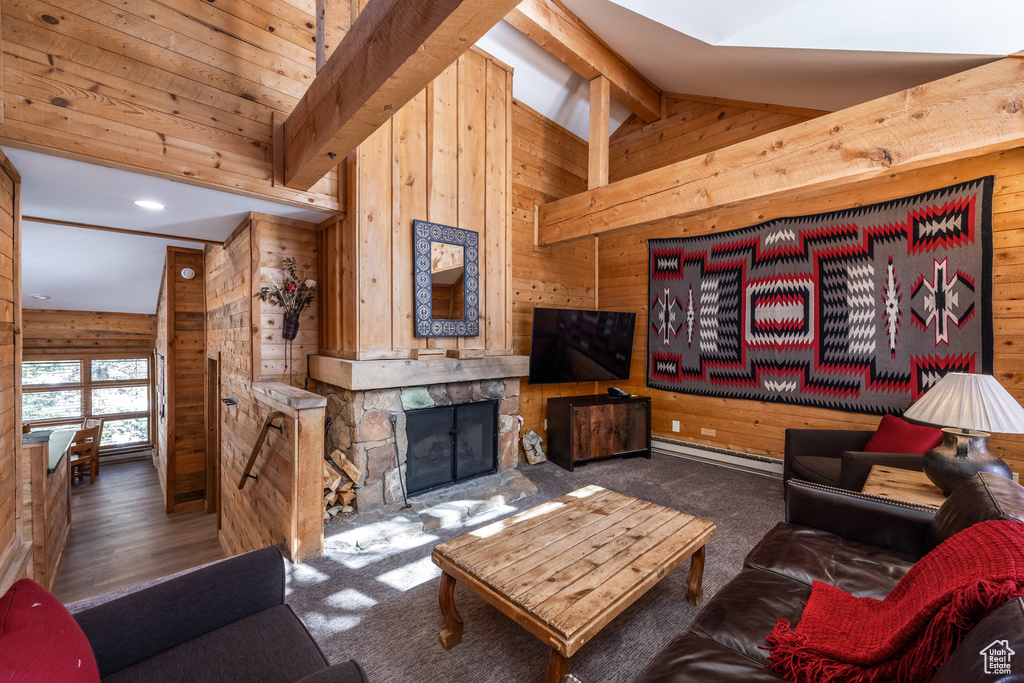 Living area with wood walls and a fireplace