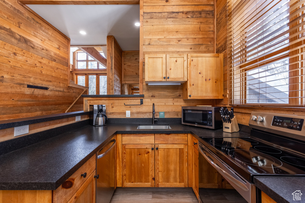 Kitchen featuring appliances with stainless steel finishes, a sink, wooden walls, dark countertops, and recessed lighting