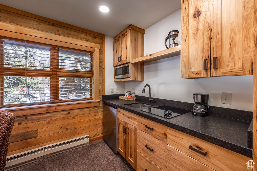 Kitchen with baseboard heating, stainless steel appliances, a sink, dark countertops, and wood walls