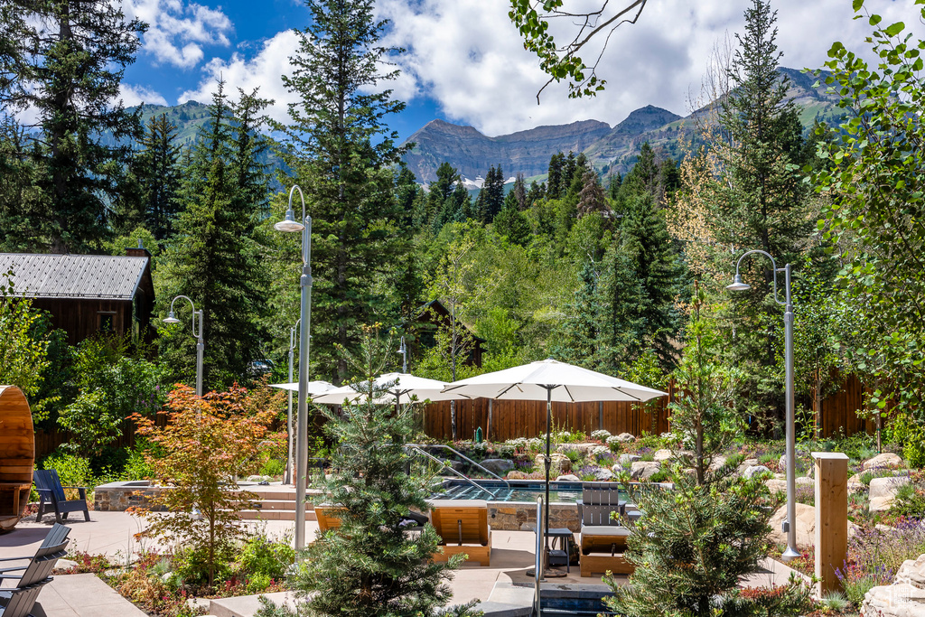 View of patio / terrace featuring a mountain view and a view of trees