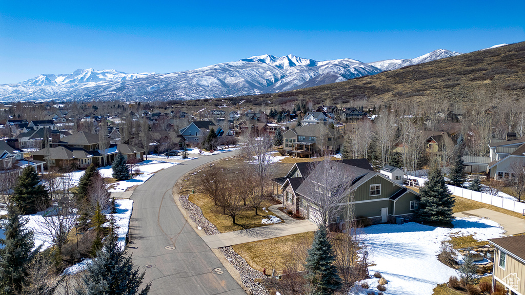 Drone / aerial view featuring a mountain view and a residential view