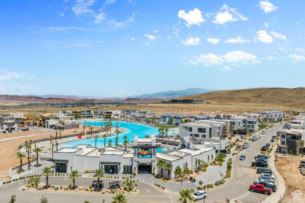 Aerial view with a water and mountain view