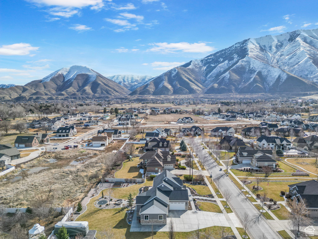 Aerial view featuring a mountain view and a residential view