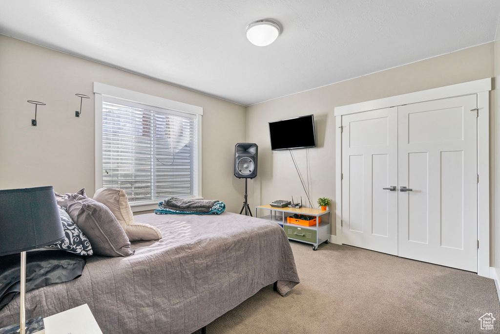 Bedroom featuring light carpet