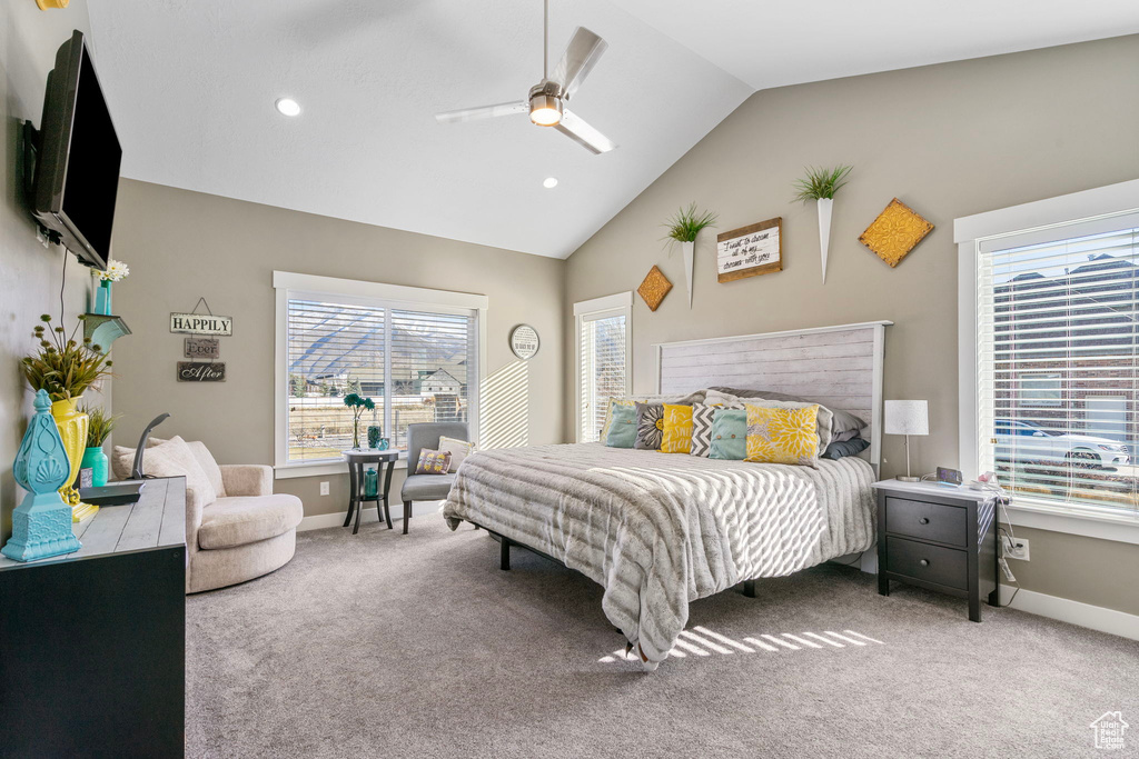Carpeted bedroom featuring recessed lighting, ceiling fan, baseboards, and vaulted ceiling