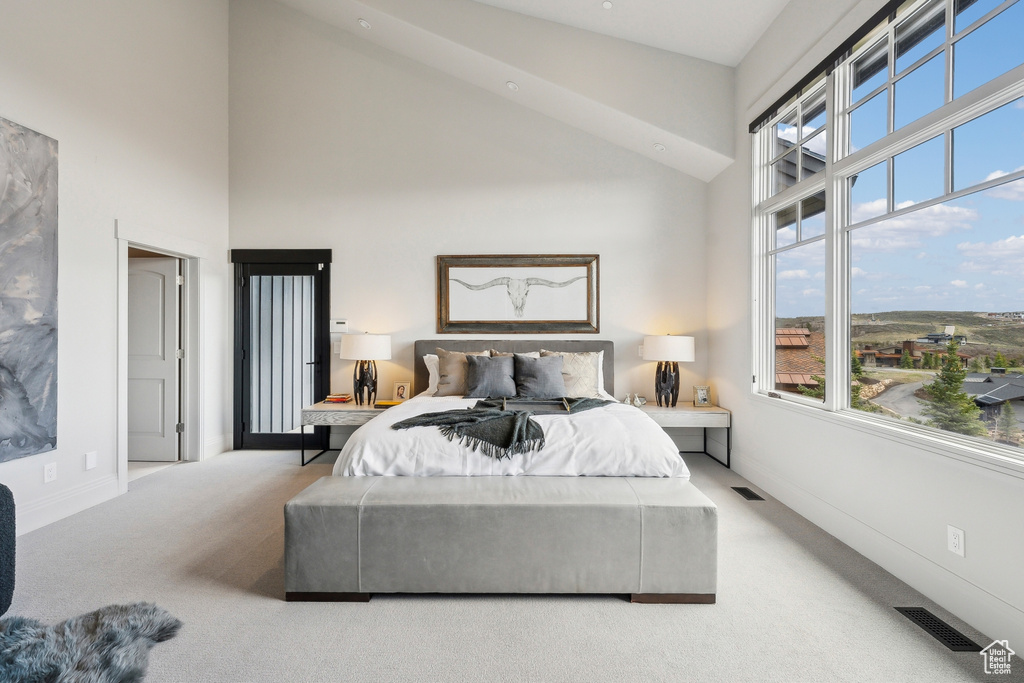 Bedroom with high vaulted ceiling, carpet, and visible vents