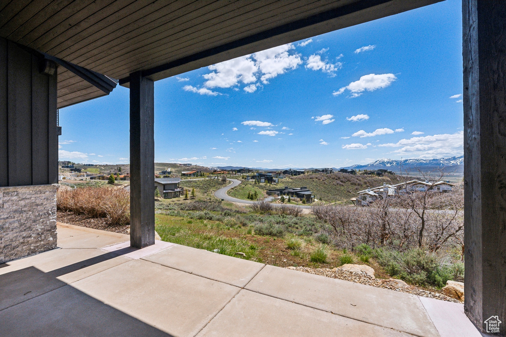 View of patio featuring a mountain view
