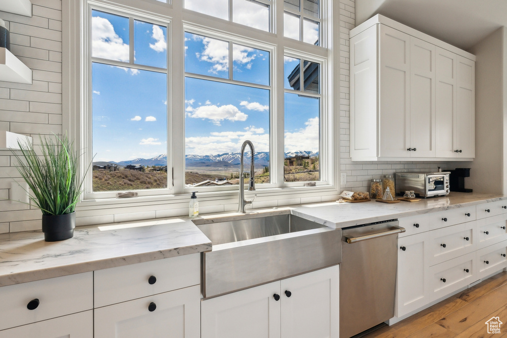 Kitchen with a sink, light wood-style floors, dishwasher, white cabinetry, and backsplash