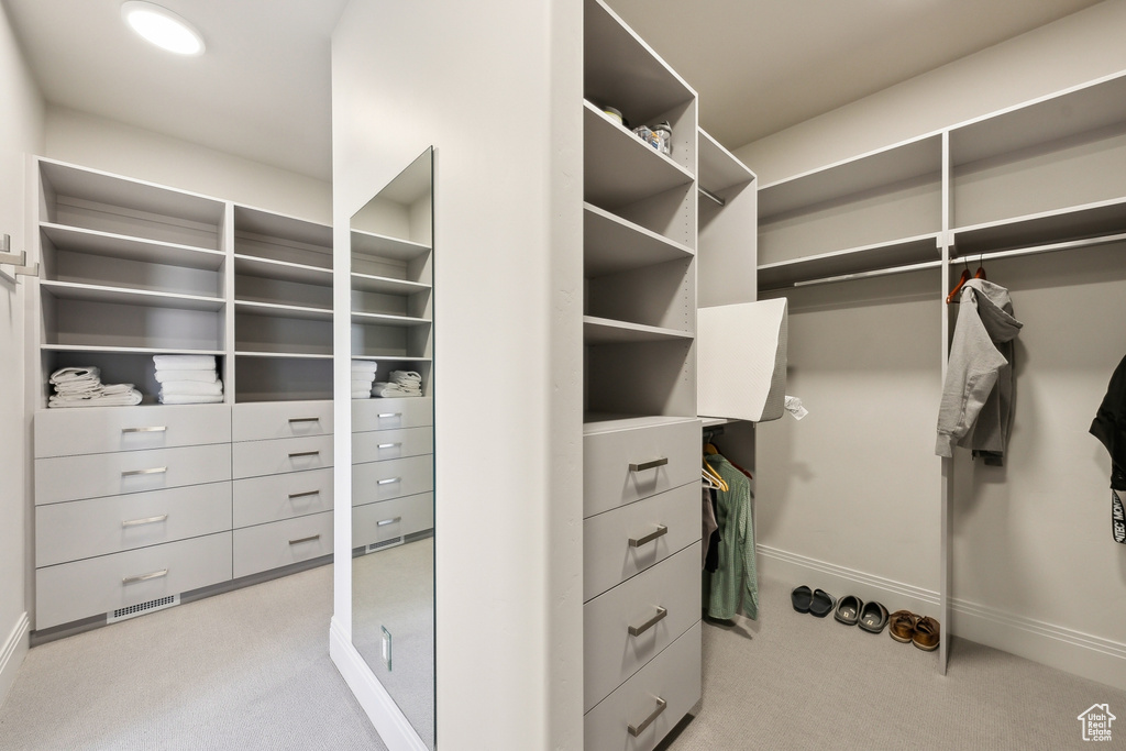 Spacious closet featuring visible vents and light carpet