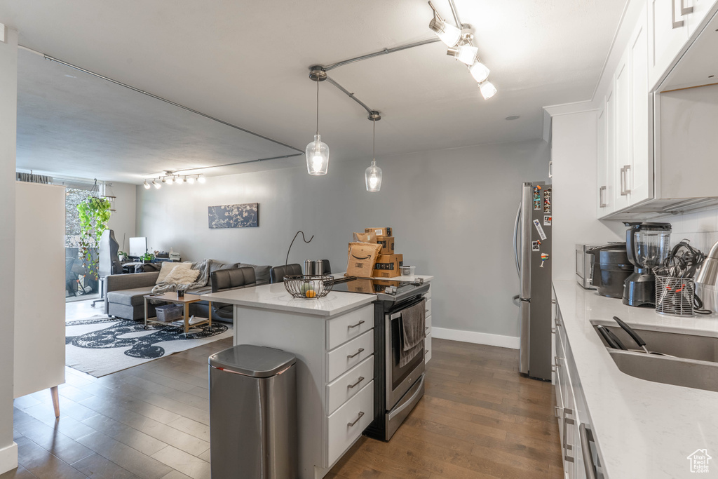 Kitchen with dark wood finished floors, open floor plan, appliances with stainless steel finishes, white cabinets, and a sink