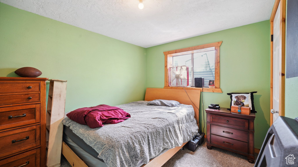 Carpeted bedroom with a textured ceiling