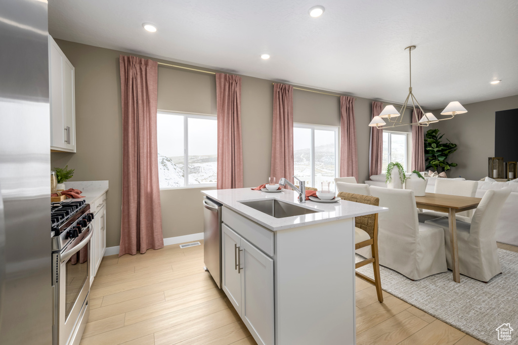 Kitchen with a sink, plenty of natural light, light wood-style floors, and appliances with stainless steel finishes