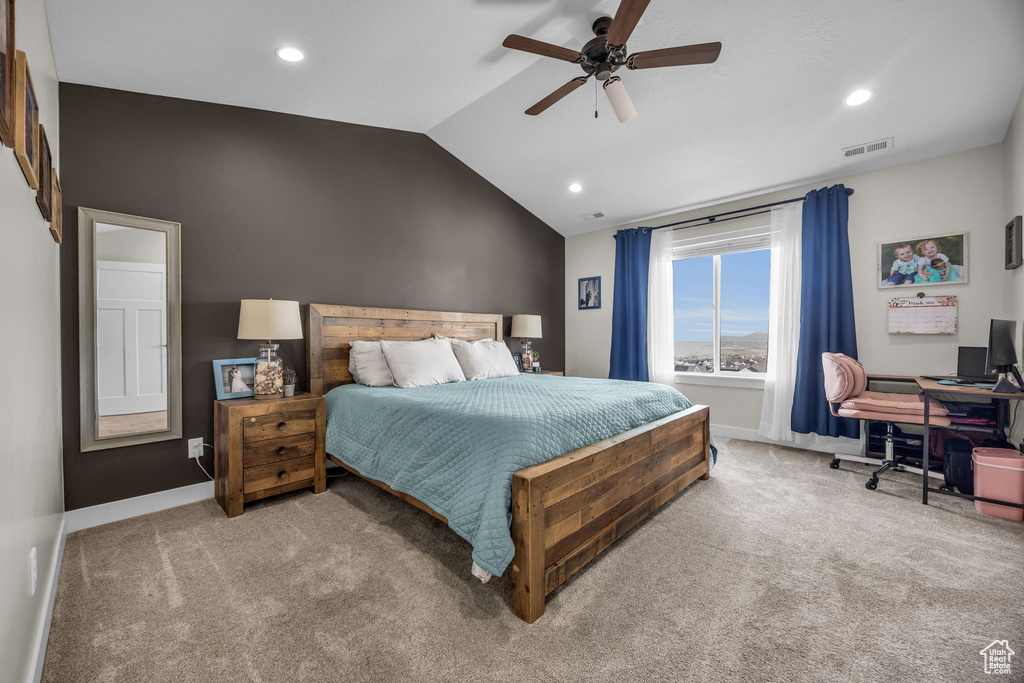 Bedroom with baseboards, visible vents, carpet floors, lofted ceiling, and recessed lighting