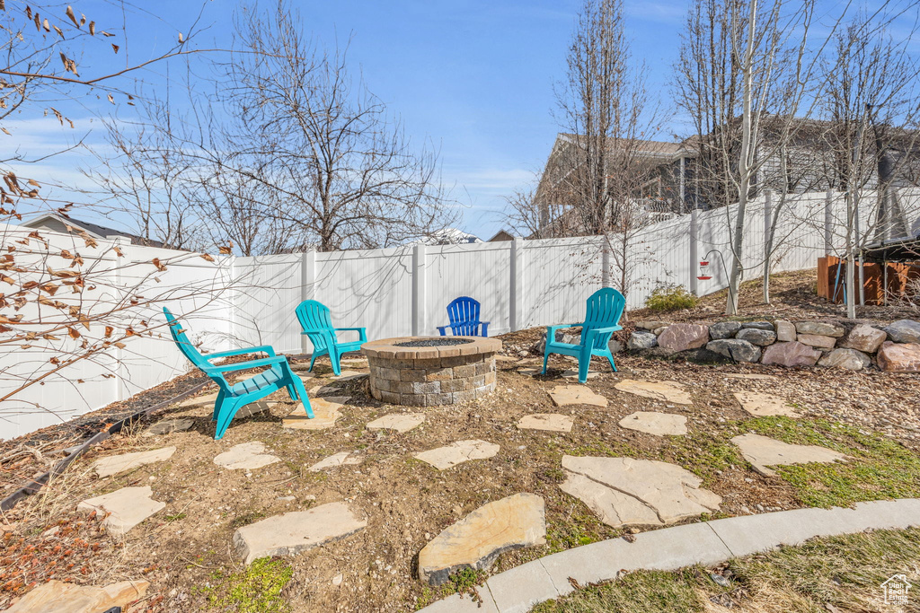 View of patio featuring a fire pit and a fenced backyard