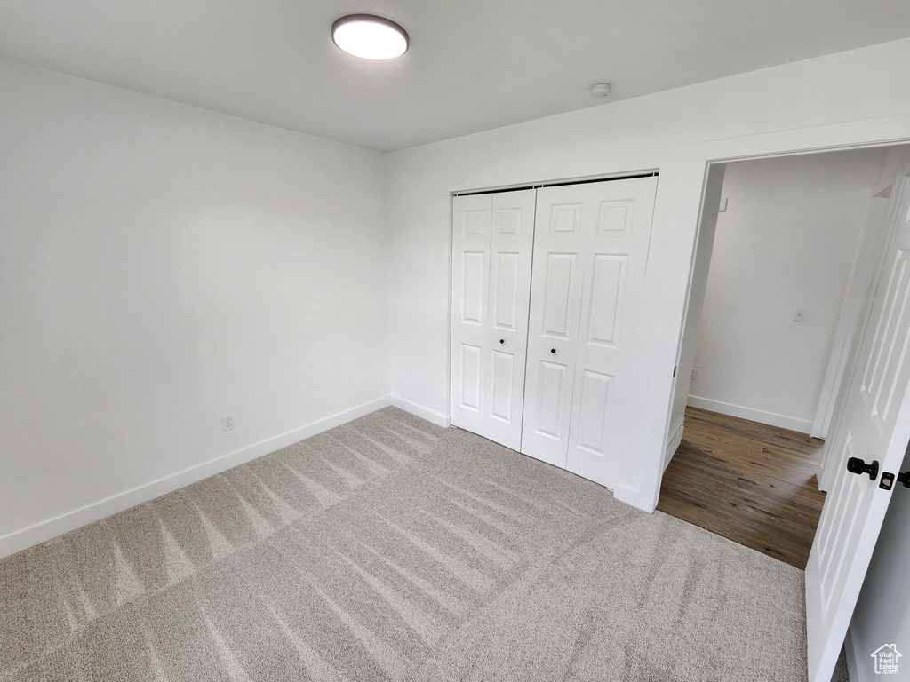 Unfurnished bedroom featuring baseboards, carpet floors, and a closet