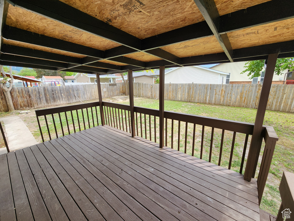 Wooden terrace featuring a yard and a fenced backyard