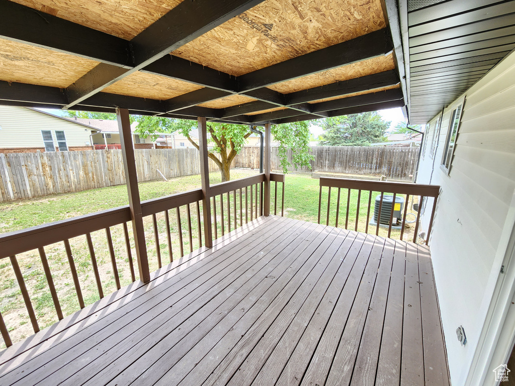 Wooden terrace featuring a fenced backyard and a yard