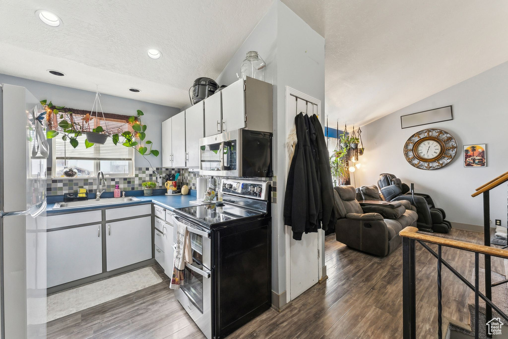 Kitchen with tasteful backsplash, lofted ceiling, appliances with stainless steel finishes, wood finished floors, and a sink