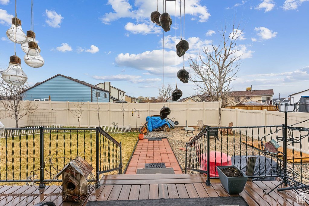 Wooden deck with a yard and a fenced backyard