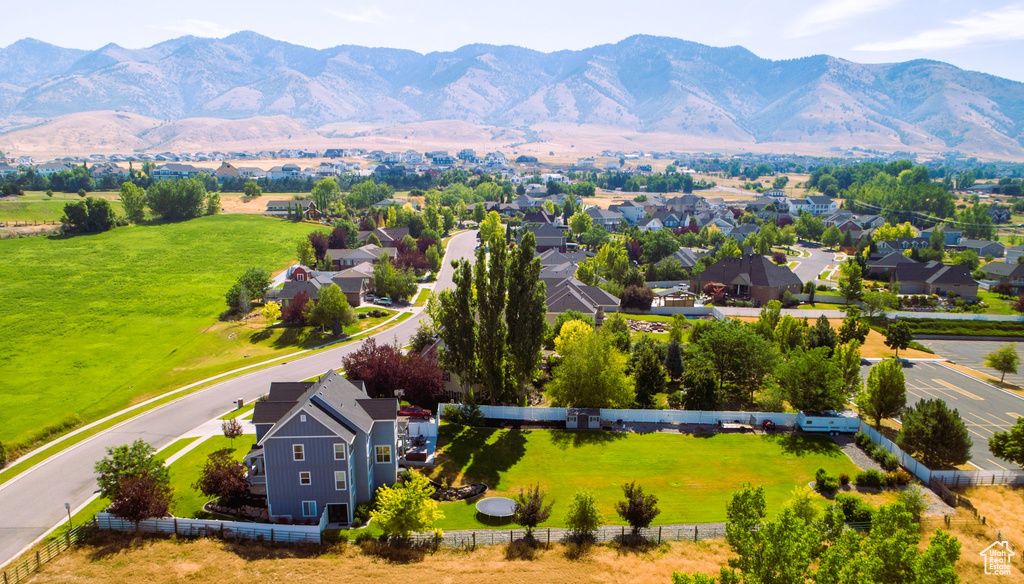 Birds eye view of property with a mountain view and a residential view