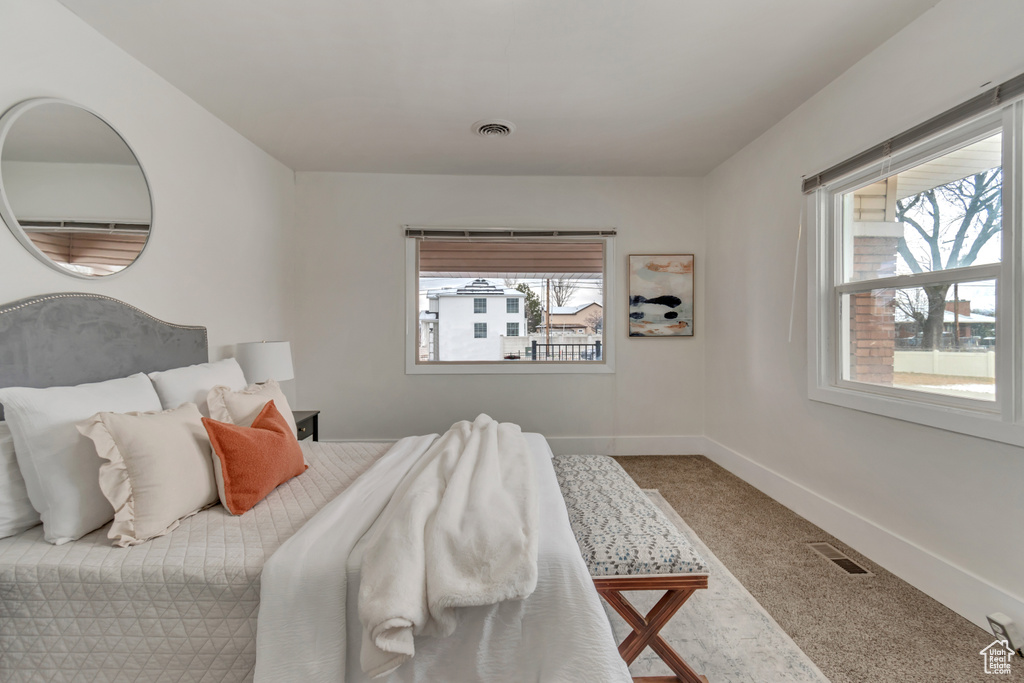 Bedroom featuring visible vents, baseboards, and carpet floors