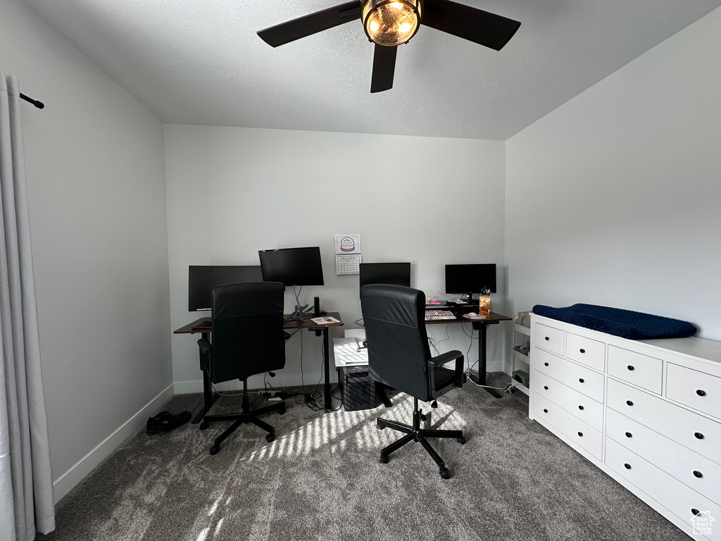 Office space with baseboards, a textured ceiling, ceiling fan, and carpet flooring