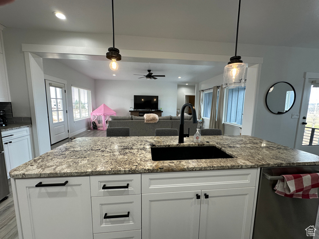 Kitchen with stainless steel dishwasher, light wood-style floors, open floor plan, and a sink