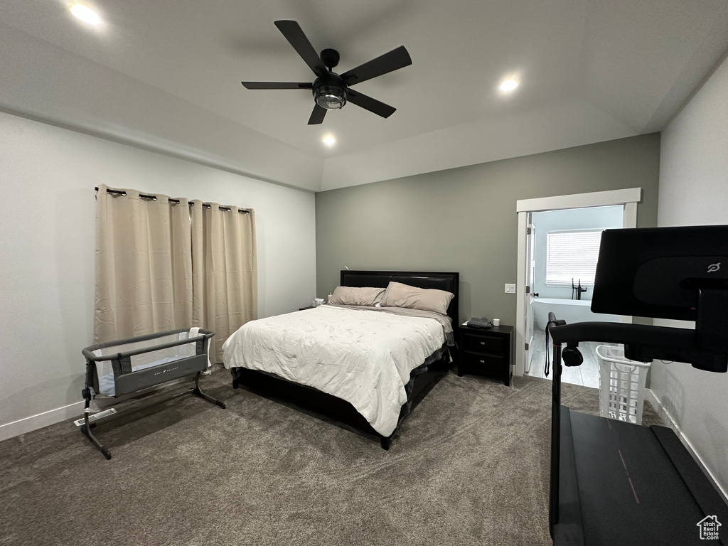 Bedroom featuring baseboards, carpet, vaulted ceiling, recessed lighting, and a ceiling fan