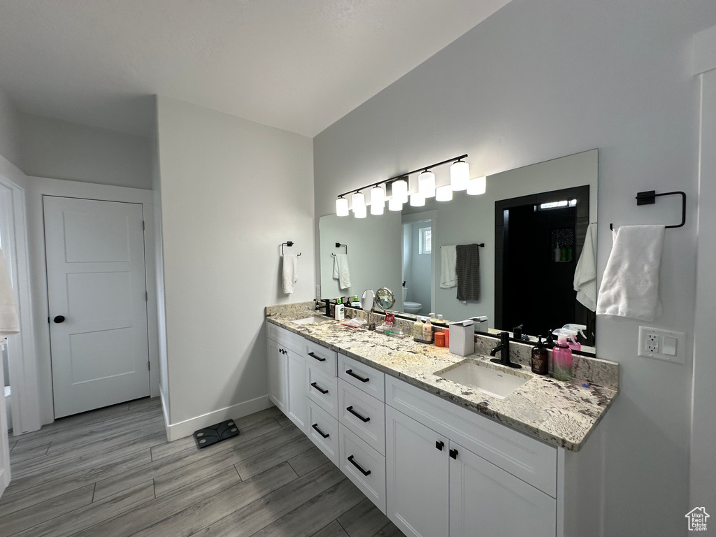 Bathroom featuring a sink, baseboards, wood finished floors, and double vanity