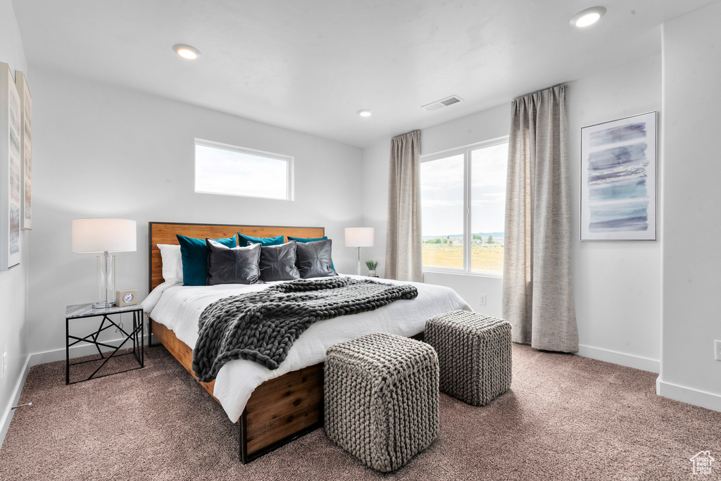 Bedroom featuring visible vents, recessed lighting, baseboards, and carpet floors