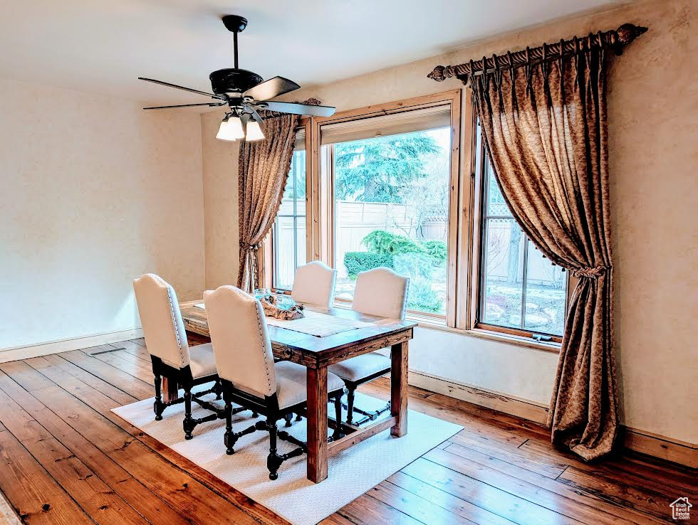 Dining room featuring plenty of natural light, hardwood / wood-style flooring, and baseboards