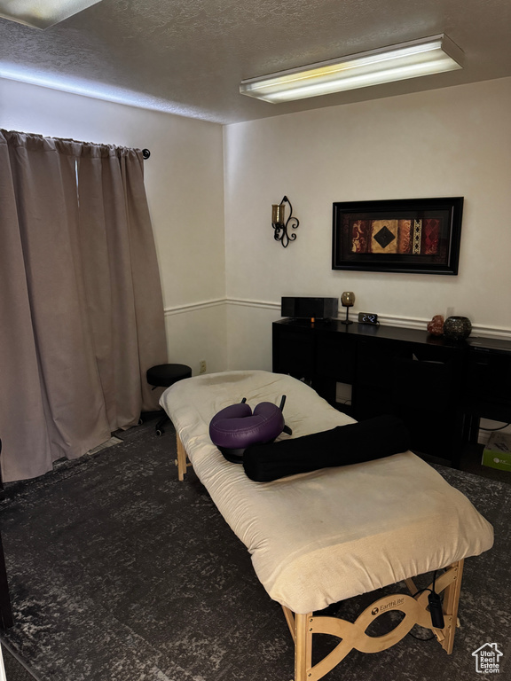 Carpeted bedroom with a textured ceiling