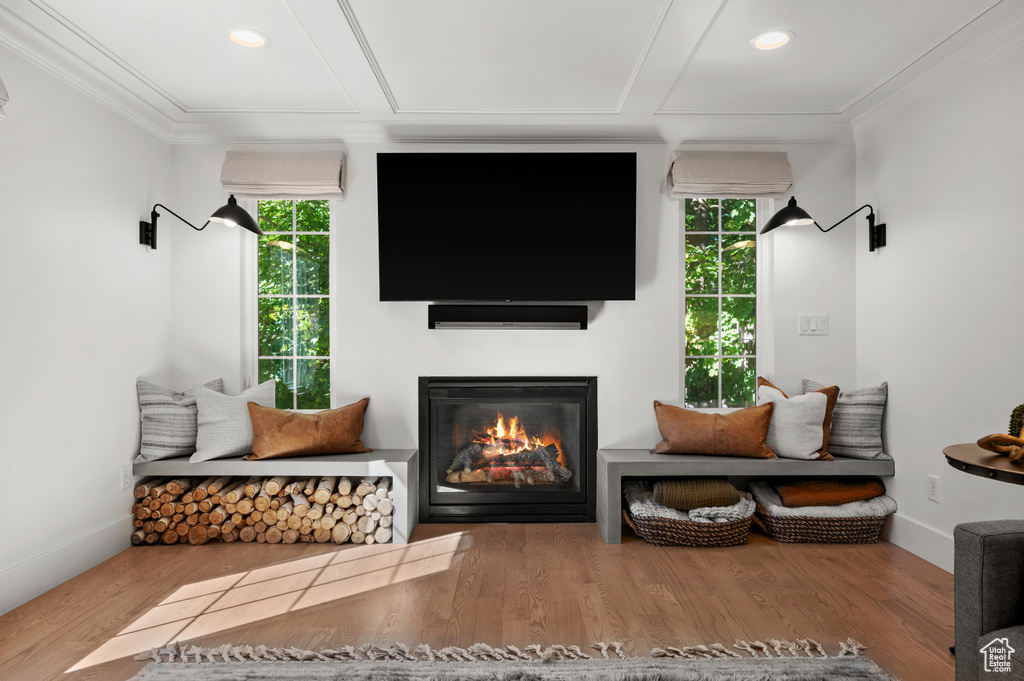 Living area with a glass covered fireplace, a healthy amount of sunlight, ornamental molding, and wood finished floors
