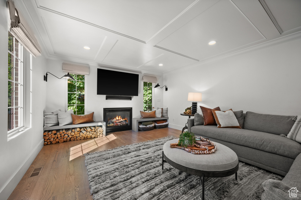 Living room featuring visible vents, ornamental molding, a glass covered fireplace, wood finished floors, and baseboards