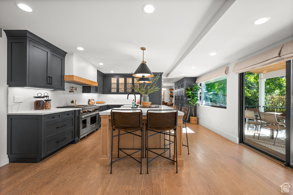 Kitchen with light wood-style flooring, premium range hood, light countertops, and range with two ovens