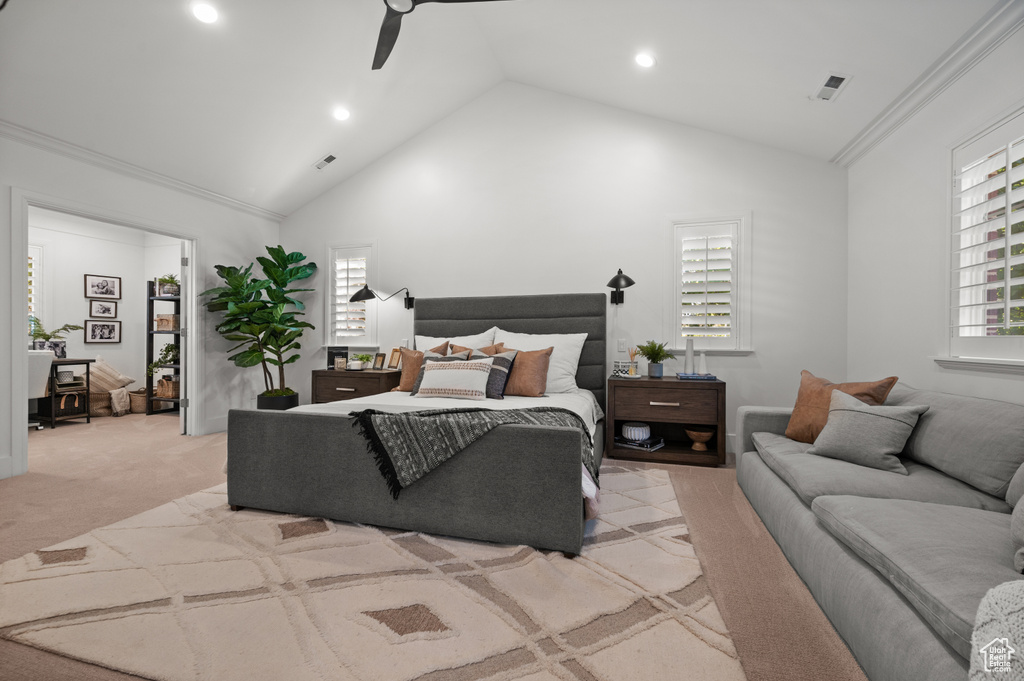 Bedroom featuring visible vents, high vaulted ceiling, recessed lighting, light colored carpet, and ceiling fan