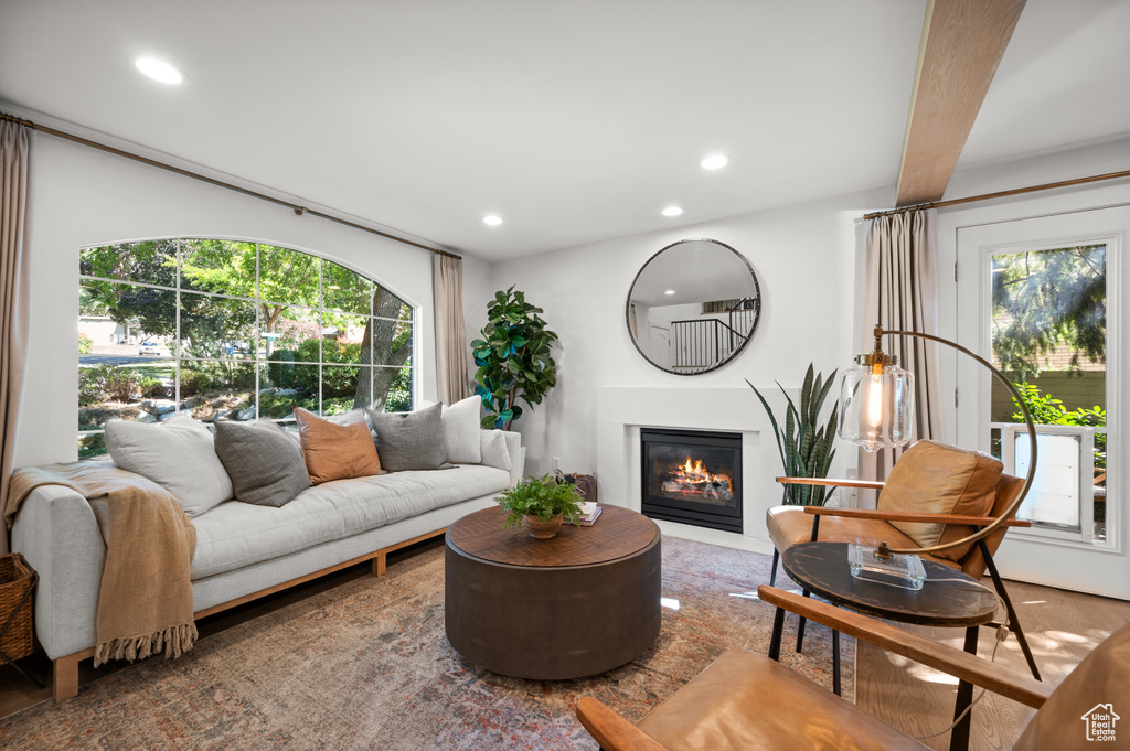 Living area with a glass covered fireplace, recessed lighting, and a healthy amount of sunlight